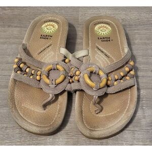 Earth Shoe Sandals Womens 5.5 Logan Brown Leather Round Toe Casual Beaded Thong